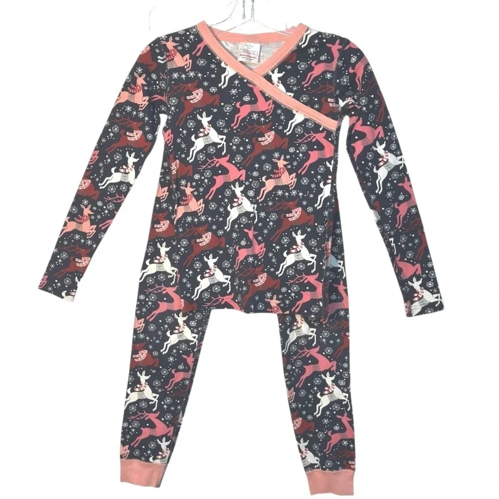 Hanna Anderson Organic‎ Cotton Kids Pajamas Set Reindeer Print Blue Pink Size 12
